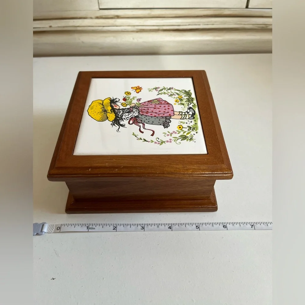 Vintage Girl Jewelry Trinket Box w/ Tile Top Divided Felt Insert Mirror